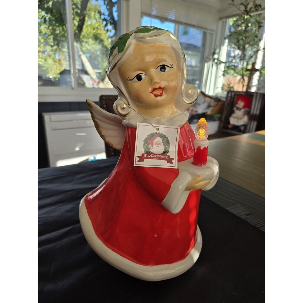 MR CHRISTMAS Ceramic Vintage Style Angel Holding Candle Light Nostalgic 12.5"